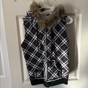 Plaid Faux Fur Hooded Vest
